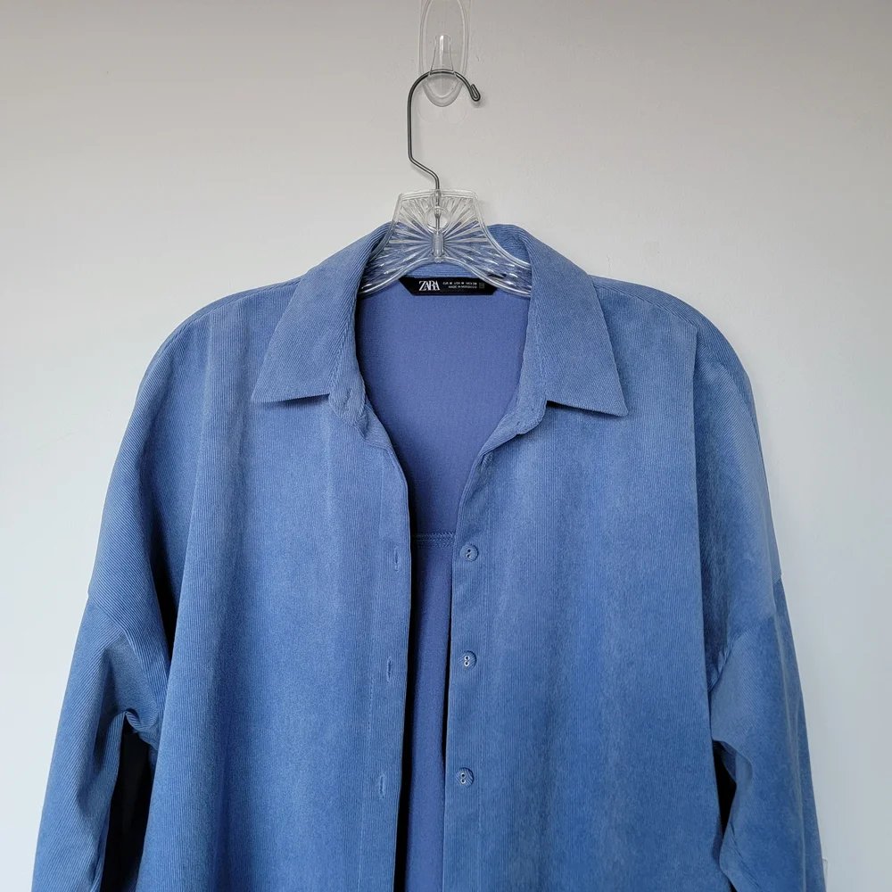 Zara Oversized Corduroy Light Blue Casual Button Up Shirt Size Medium - Picture 5 of 13